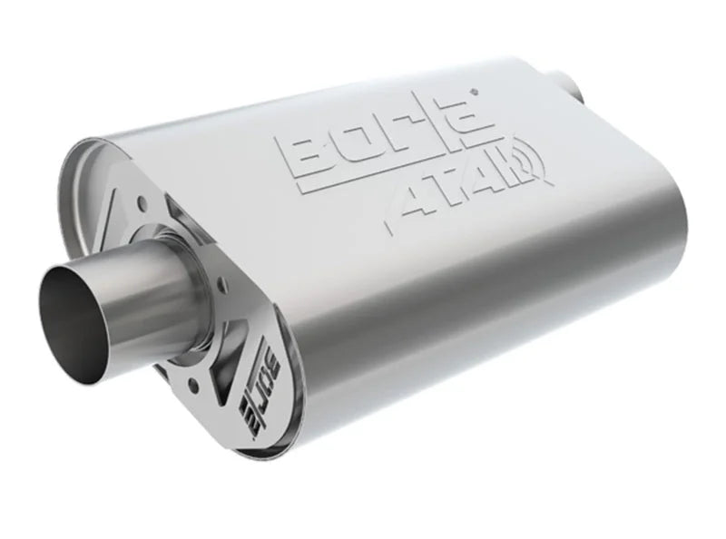 Borla CrateMuffler Stock SBF 289/302/FE BB ATAK 2.25in Offset/Center 14inx4.35inx9in Oval Muffler - Side View
