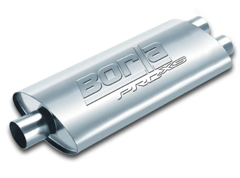 Borla Pro-XS 3in, 2-1/2in, 19in x 9-1/2in x 4in Oval Cen/Dual Turbo XL Muffler - Side View