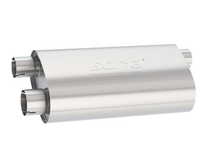 Borla Universal Pro-XS Muffler Oval 3in Inlet/ 2.5in Dual Outlet Transverse Flow Notched Muffler - Side View
