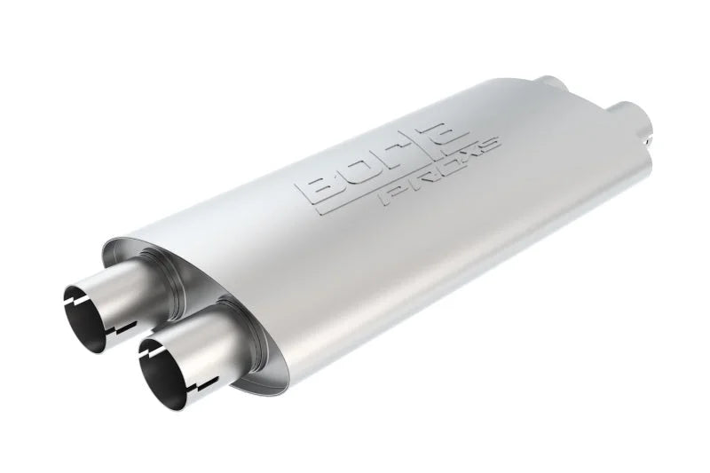 Borla Universal ProXS Muffler - Oval Dual/Dual Inlet/Outlet 2.5in Tubing 19inx4inx9.5in Case - Side View