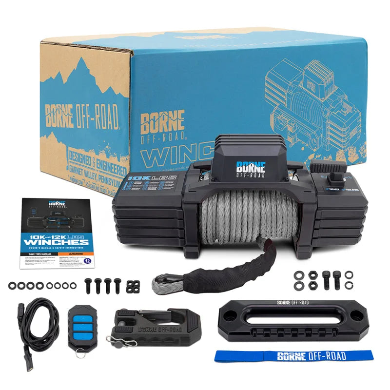 Borne Off-Road 10K Winch - Grey Synthetic Rope - Back View