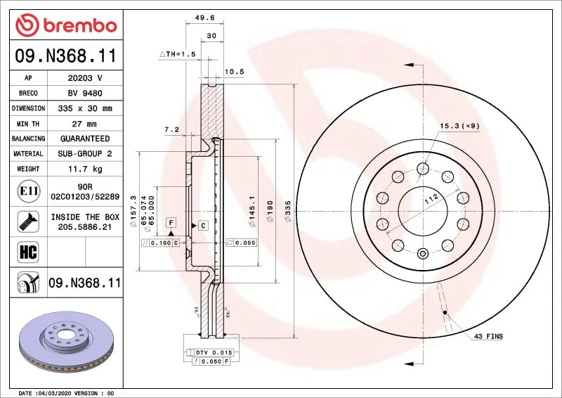 Brembo Front UV Coated Rotor fits 2018-2021 Volkswagen Atlas / Atlas Cross SPORT