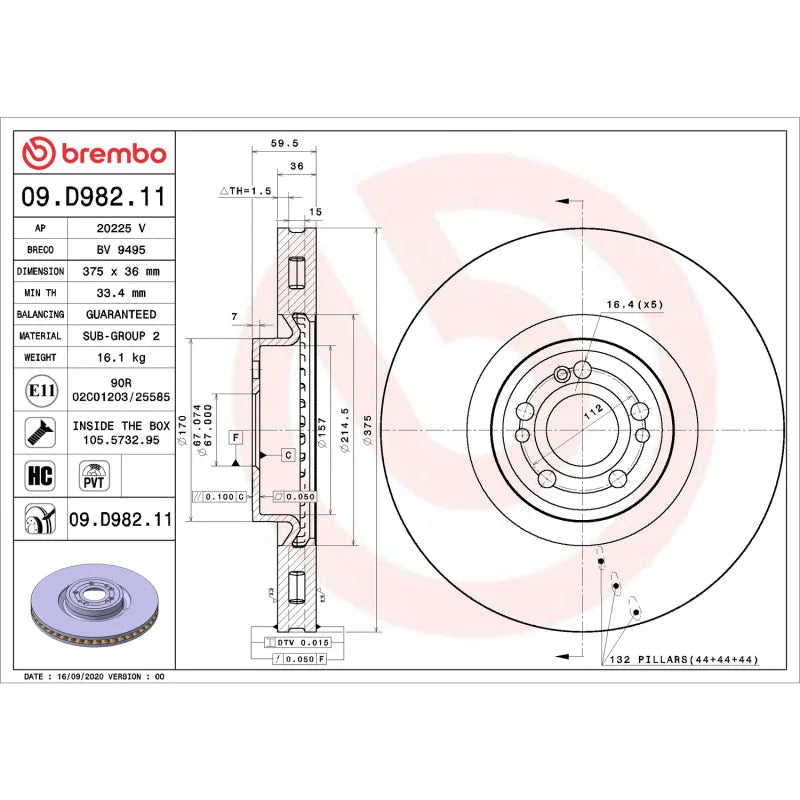 Brembo OE UV Coated Brake Disc - Front Left fits 2020-2023 Mercedes-Benz GLE450 / 2020-2023 Mercedes-Benz GLE580 / 2020-20...