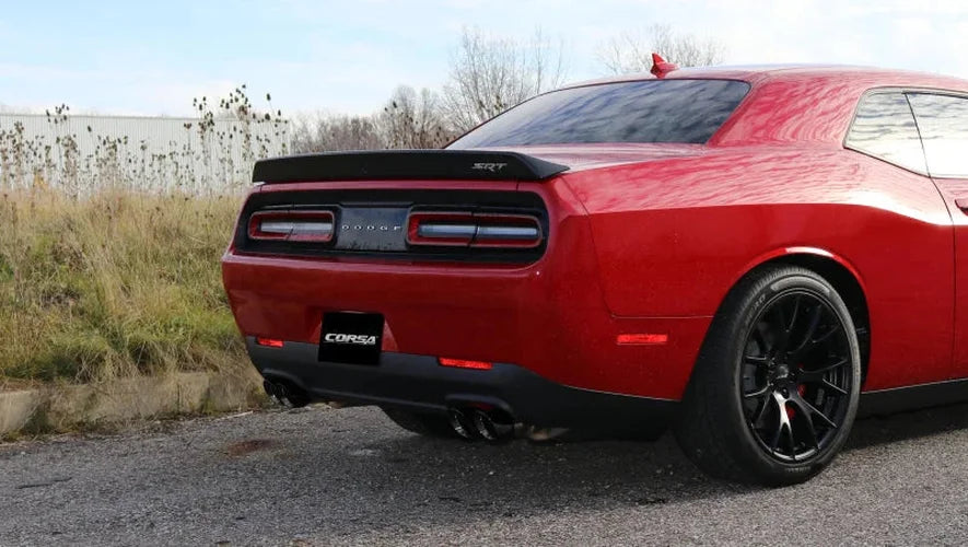 Corsa 2015-2023 Dodge Challenger Hellcat Dual Rear Exit Extreme Exhaust w/ 3.5in Black Tips - Detail View