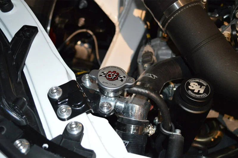 CSF 13+ BRZ / 13-20 Toyota 86 / 22+ GR86 Aluminum Filler Neck w/ High Pressure Radiator Cap - Back View