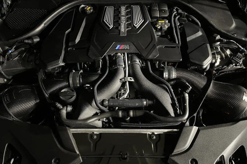 CSF 16-21 BMW M5 (F90) / 17-21 BMW M8 (F91/F92/F93) Twin Charge-Air-Cooler Set - Crinkle Black - Back View
