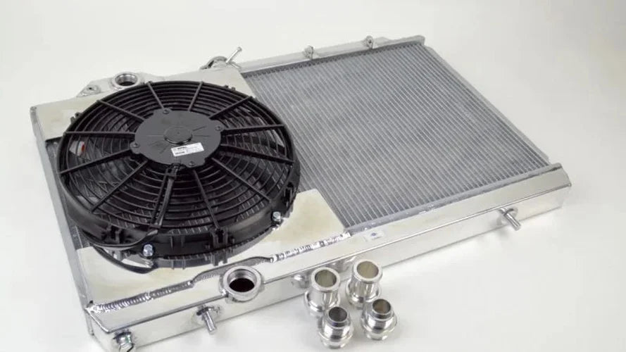 CSF 96-07 Mitsubishi Evo 4/5/6/7/8/9 Full-Slim Radiator w/12in Fan & Shroud/-16AN & Slip On Fitting - Side View