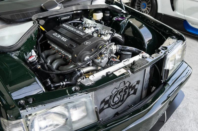 CSF 84-88 Mercedes-Benz W201 190E 2.3L - 16 w/ A/C High Performance Aluminum Radiator - Installation View