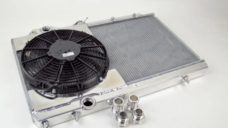 CSF 96-07 Mitsubishi Evo 4/5/6/7/8/9 Full-Slim Radiator w/12in Fan & Shroud/-16AN & Slip On Fitting - Side View