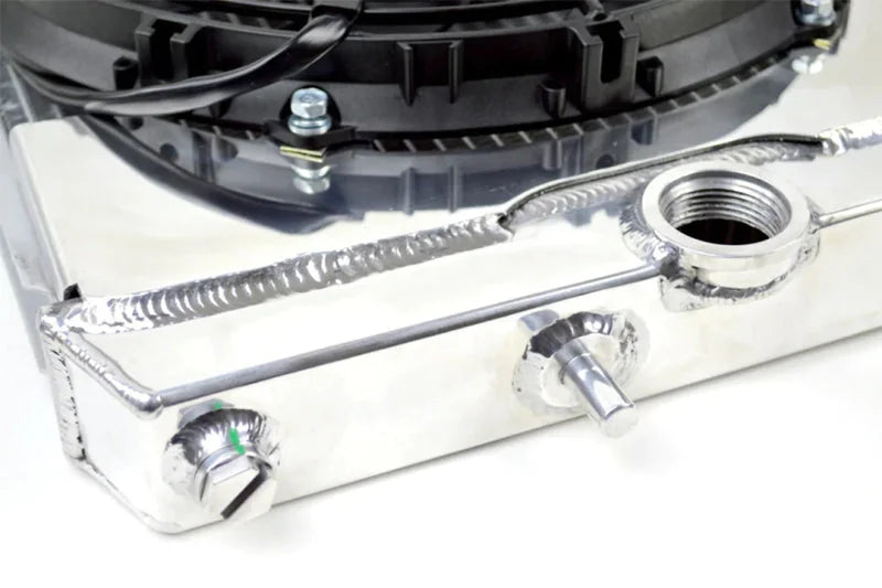 CSF 96-07 Mitsubishi Evo 4/5/6/7/8/9 Full-Slim Radiator w/12in Fan & Shroud/-16AN & Slip On Fitting - Back View