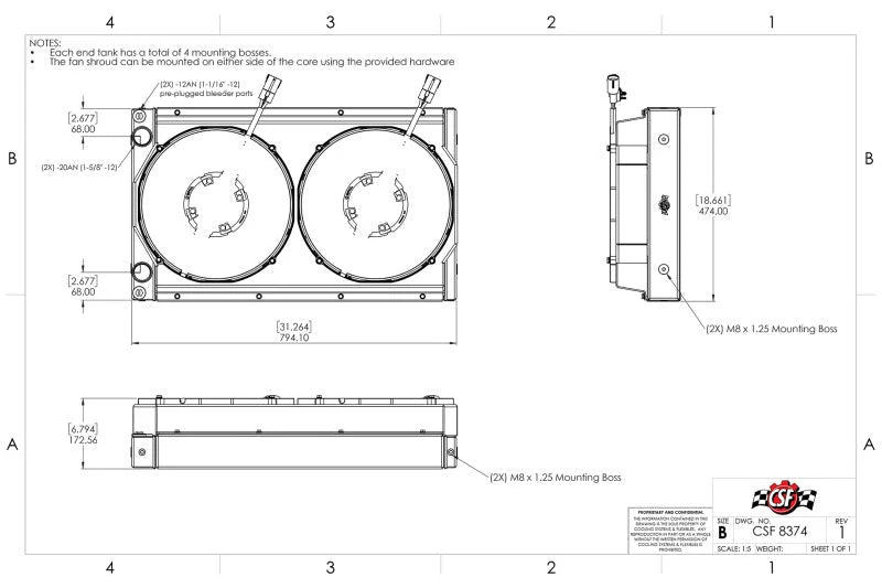 CSF Motorsport Radiator with Shroud - 14in SPAL Brushless Fans - Harnesses - Side View