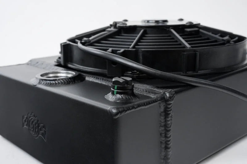 CSF Universal Drag Race / Tuck Radiator w/9in Spal Fan - 10.5in H x 10in L x 3.6in W - Black - Back View