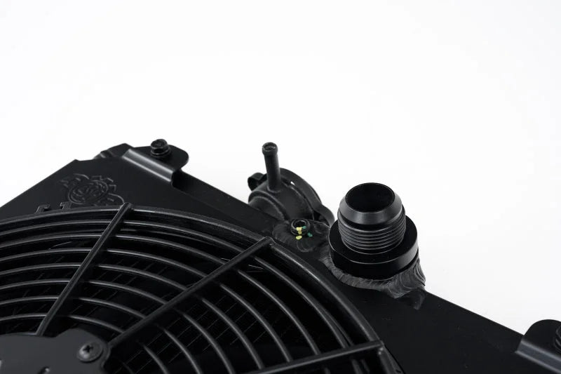 CSF Universal Half Radiator w/-16AN & Slip-On Fittings/12in SPAL Fan & Shroud - Black Finish - Side View