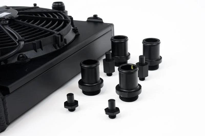 CSF Universal Half Radiator w/-16AN & Slip-On Fittings/12in SPAL Fan & Shroud - Black Finish - Back View