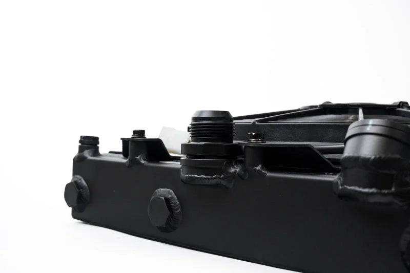 CSF Universal Half Radiator w/-16AN & Slip-On Fittings/12in SPAL Fan & Shroud - Black Finish - Installation View
