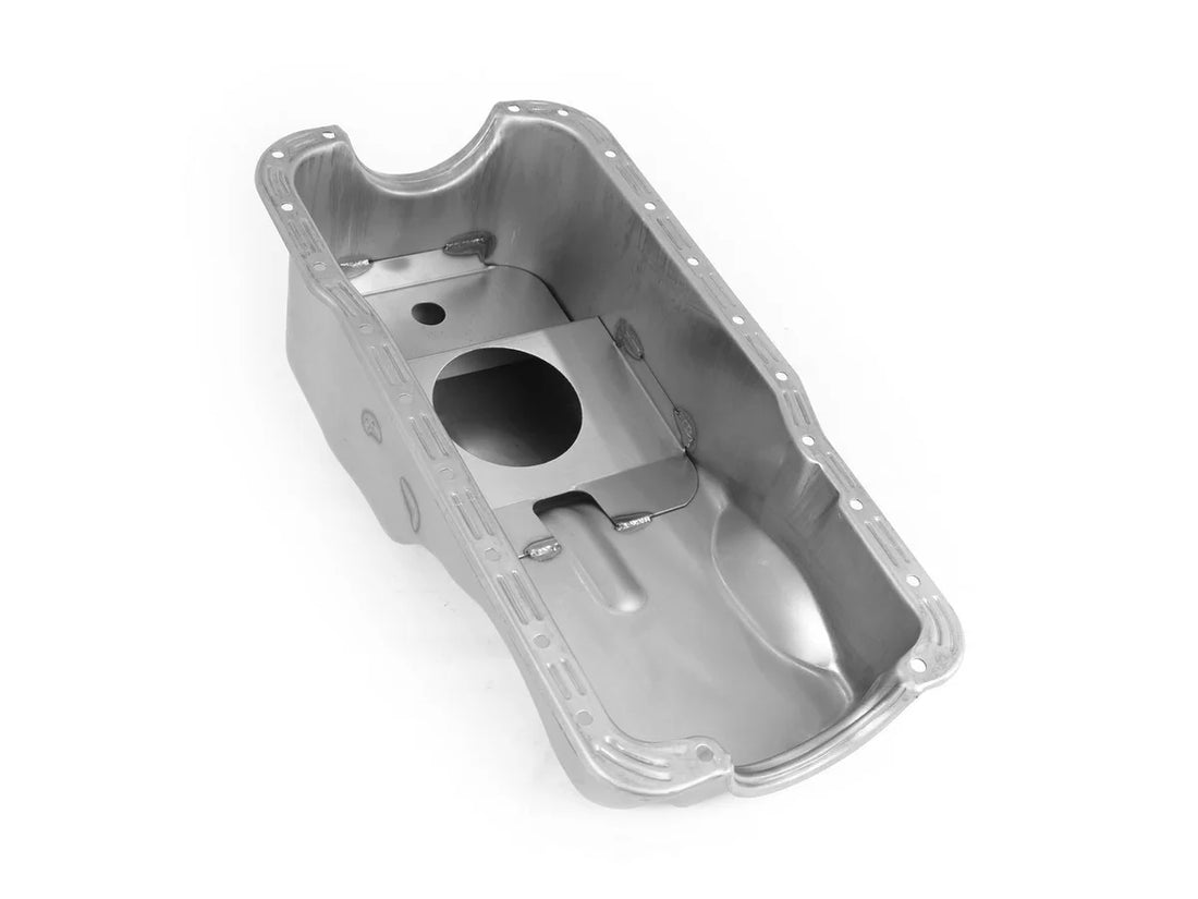 Canton 15-600 Oil Pan Stock Replacement Front Sump Pan fits 1965-1993 Ford / Lincoln / Mercury 289-302 - Back View