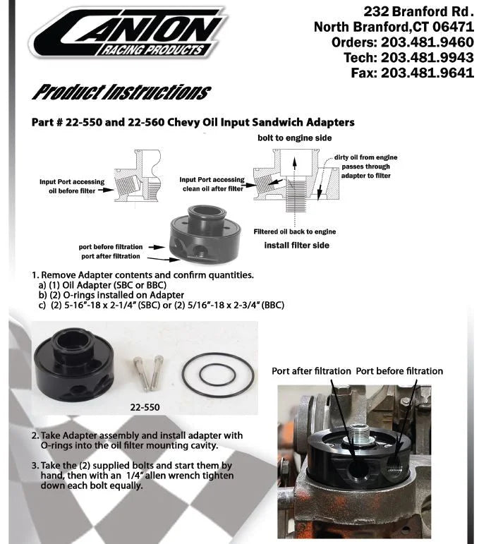 Canton Canton 22-550 Billet Aluminum Oil Input Adapter Sandwich Style Small Block Chevy 22-550 - Side View