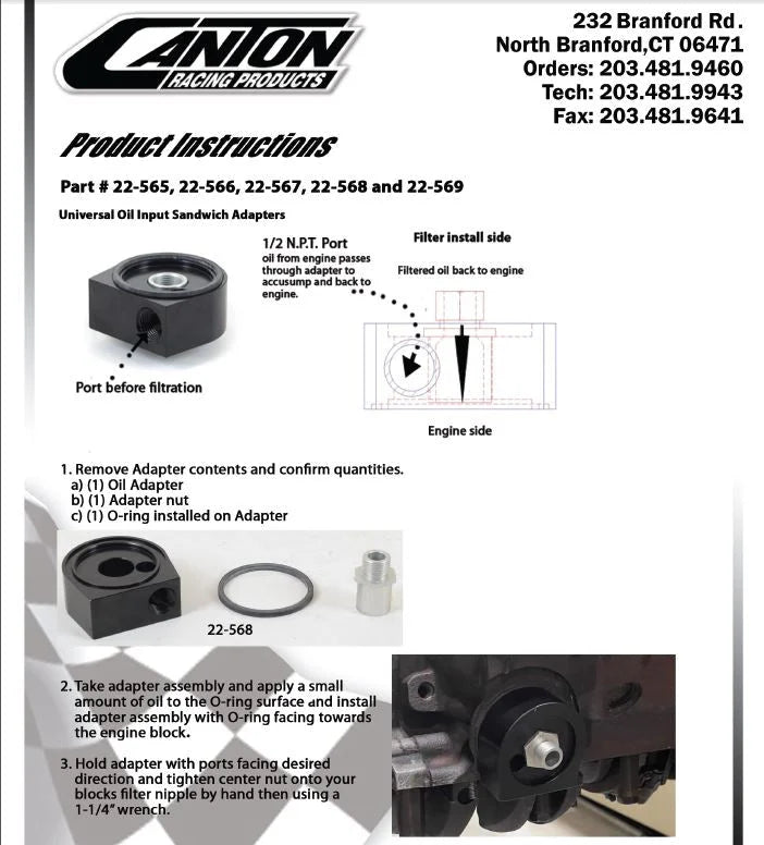Canton Canton 22-567 Alum Oil Input Adapter Universal Sandwich Style 18MM -1.5, 2 5/8" 22-567 - Side View