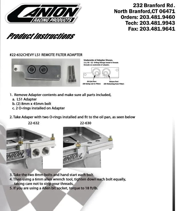Canton Canton 22-632 Aluminum Remote Oil Filter Adapter 90 Deg For Canton Chevy LS Pans 22-632 - Additional View 5
