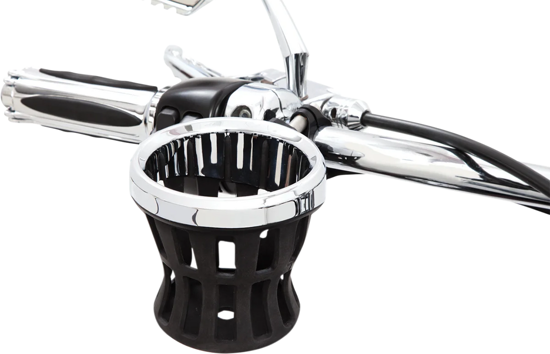 Ciro Drink Holder - 1-1/4" Handlebar Mount - Chrome/Black Clamp 50415 - Side View
