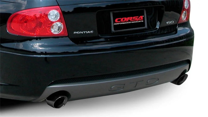 Corsa 05-06 Pontiac GTO 6L V8 2.5in Sport Cat-Back Exhaust + XPipe w/Dual Exit Single 4in BlackTips - Detail View