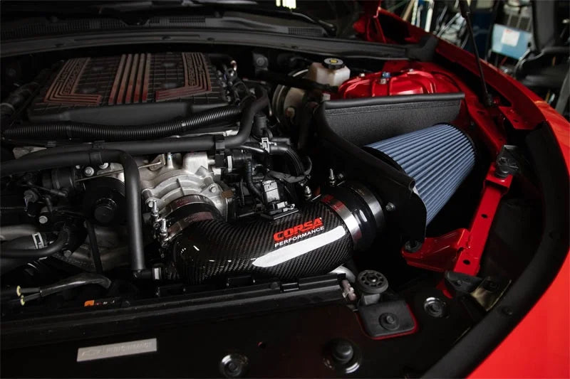 Corsa 2017-2023 Chevrolet Camaro ZL1 Carbon Fiber Air Intake w/ MaxFlow 5 Oil Filtration - Side View