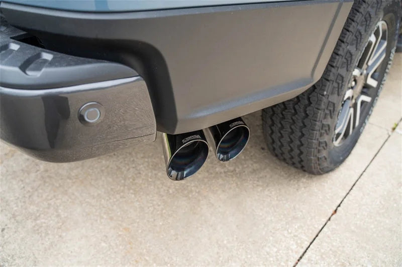 Corsa 2024-2025 Ford Ranger 3in Cat-Back Exhaust 4in Black PVD Pro-Series Slash Cut Twin Tip - Detail View