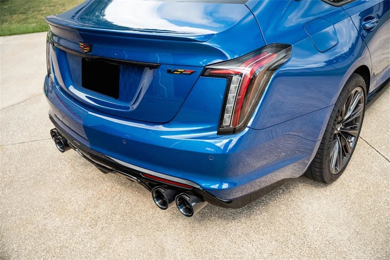 Corsa 22-25 Caddy CT5-V Blackwing 3in Axle-Back - Act. Exh. - Dual Rear Exit - Twin 4.5in Blk CF Tip - Side View
