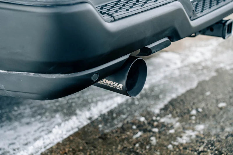 Corsa 25-26 Ram 2.5in Stainless Steel Sport Cat-back Dual Rear Exit 5.0in Black Tips - Side View