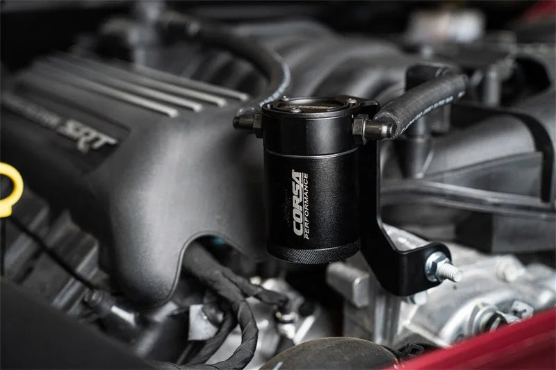 Corsa2011-2023 Dodge Challenger/Charger 2018-2023 Dodge Durango 6.4L Aluminum Oil Catch Can - Detail View