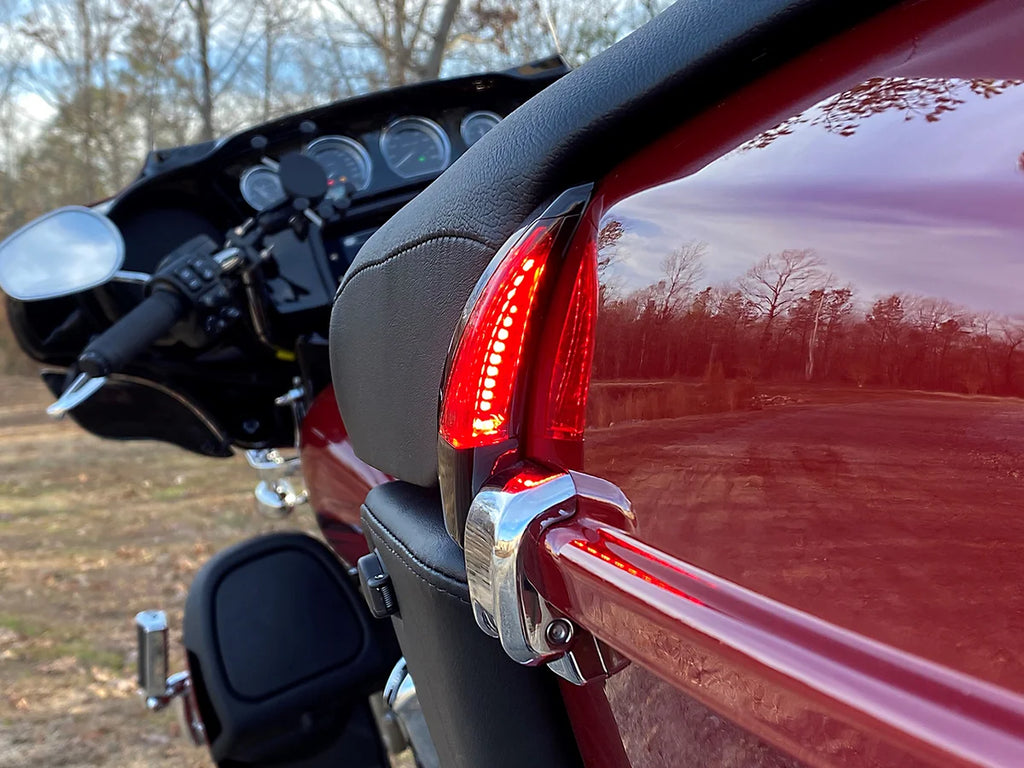 Custom Dynamics Sequential Tour Pak Seat Back Rest LED Lights - Black/Red - FLH CD-TPBR-14-RB - Installation View