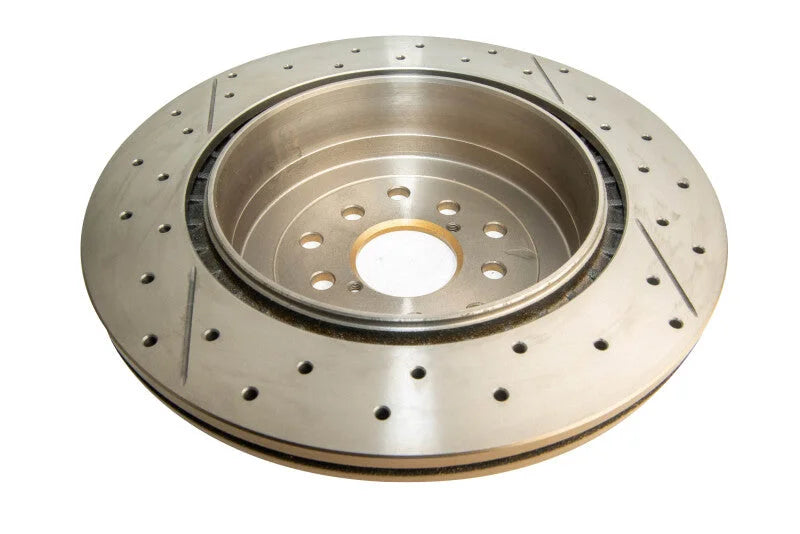 DBA 02-07 Subaru WRX STi 10 Stud Hole Rear Drilled & Slotted Street Series Rotor - Back View
