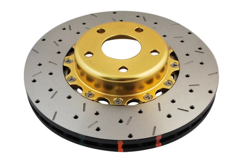 DBA 02-10 WRX / 13+ FR-S / 13+ BRZ Premium Front Drilled & Slotted 5000 Series Rotor w/ Gold Hat - Side View