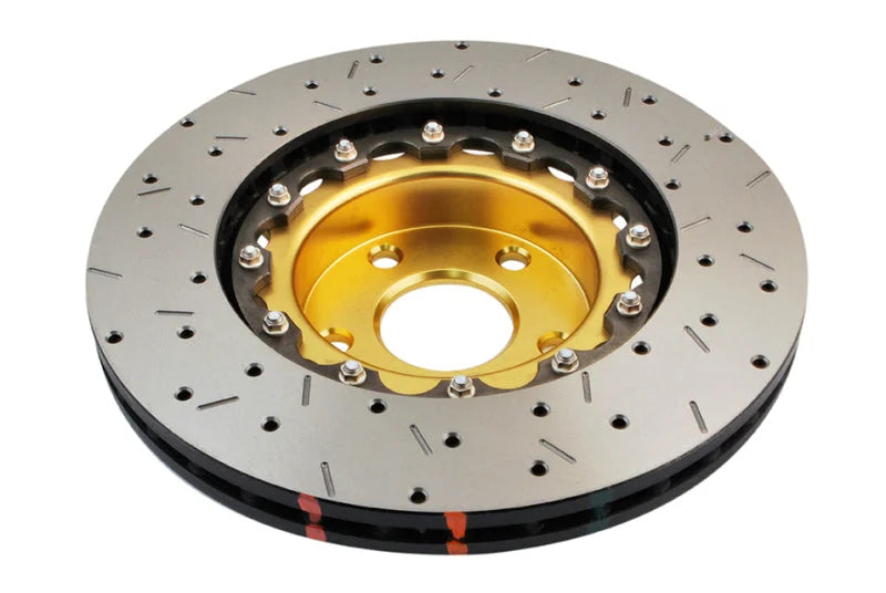 DBA 02-10 WRX / 13+ FR-S / 13+ BRZ Premium Front Drilled & Slotted 5000 Series Rotor w/ Gold Hat - Back View
