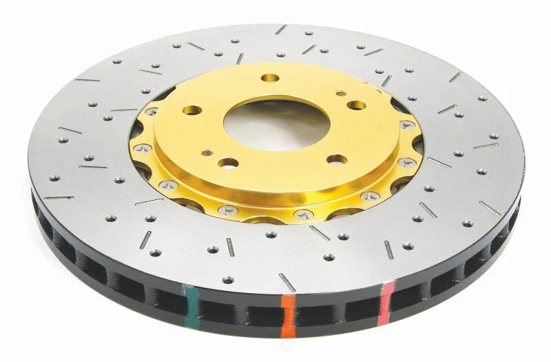 DBA 03-05 Evo 8/9 Front Drilled & Slotted 5000 Series 2 Piece Rotor Assembled w/ Gold Hat - Side View