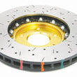 Load image into Gallery viewer, DBA 03-05 Evo 8/9 Front Drilled &amp; Slotted 5000 Series 2 Piece Rotor Assembled w/ Gold Hat - Back View