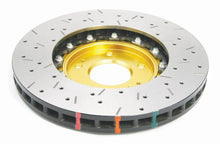 Load image into Gallery viewer, DBA 03-05 Evo 8/9 Front Drilled &amp; Slotted 5000 Series 2 Piece Rotor Assembled w/ Gold Hat - Back View