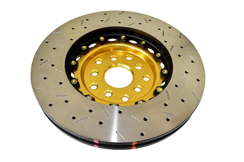 DBA 04-07 STi/2017 BRZ w/Perf. Pkg. 10 Hole Front Drilled/Slotted 5000 Series 2 Pc Rotor w/Gold Hat - Side View