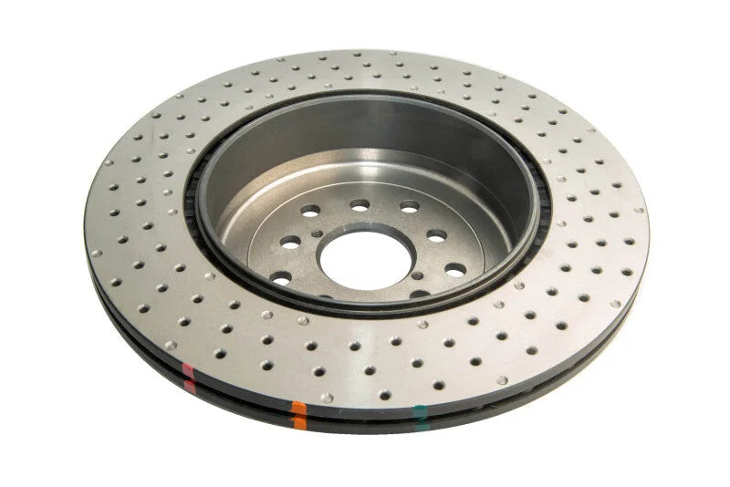 DBA 04-17 Subaru WRX STi Rear Cross Drilled/Dimpled 4000 XD Series Rotor - Side View