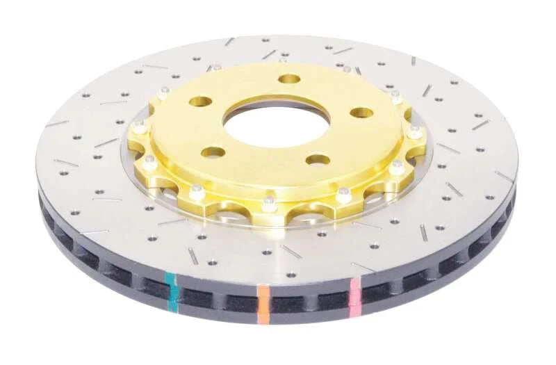 DBA 05-10 Ford Mustang GT / 11-13 V6 Front Drilled & Slotted 5000 Series 2 Piece Rotor w/ Gold Hat - Side View