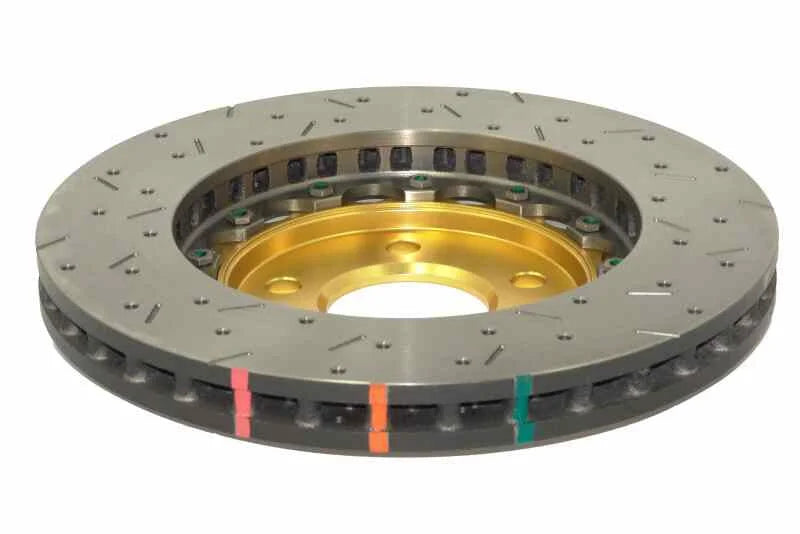 DBA 05-10 Ford Mustang GT / 11-13 V6 Front Drilled & Slotted 5000 Series 2 Piece Rotor w/ Gold Hat - Back View