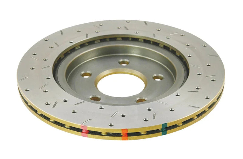 DBA 05-13 Ford Mustang GT/V6 Rear Drilled & Slotted 4000 Series Rotor w/ Gold Hat - Back View