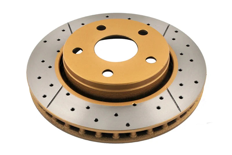 DBA 07-17 Jeep Wrangler Front Drilled & Slotted Street Series X-Gold Rotor - Side View