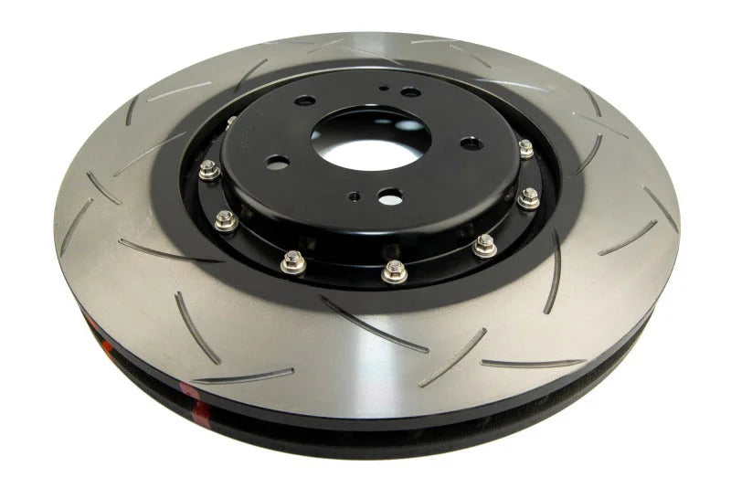 DBA 08+ EVO X Front Slotted 5000 Series 2 Piece Rotor Assembled w/ Black Hat - Side View