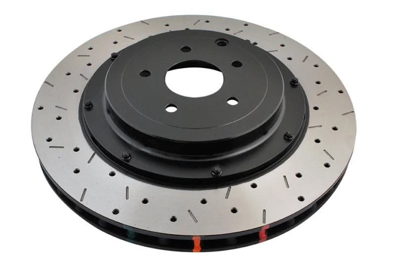 DBA 09+ Nissan GTR R-35 Rear Drilled & Slotted 5000 Series 2 Piece Rotor Assembled w/ Black Hat (Ava - Side View