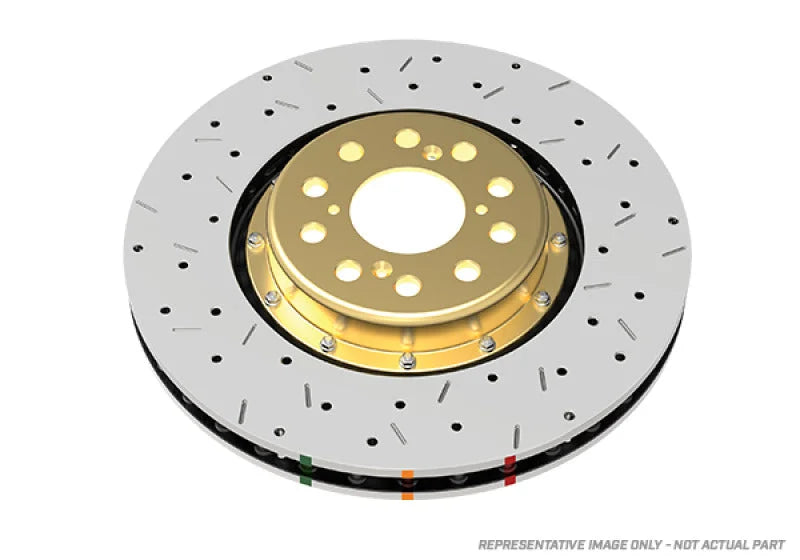 DBA 2010+ Camaro V8 SS Front Drilled & Slotted 5000 Series 2 Piece Rotor Assembled w/ Gold Hat - Side View