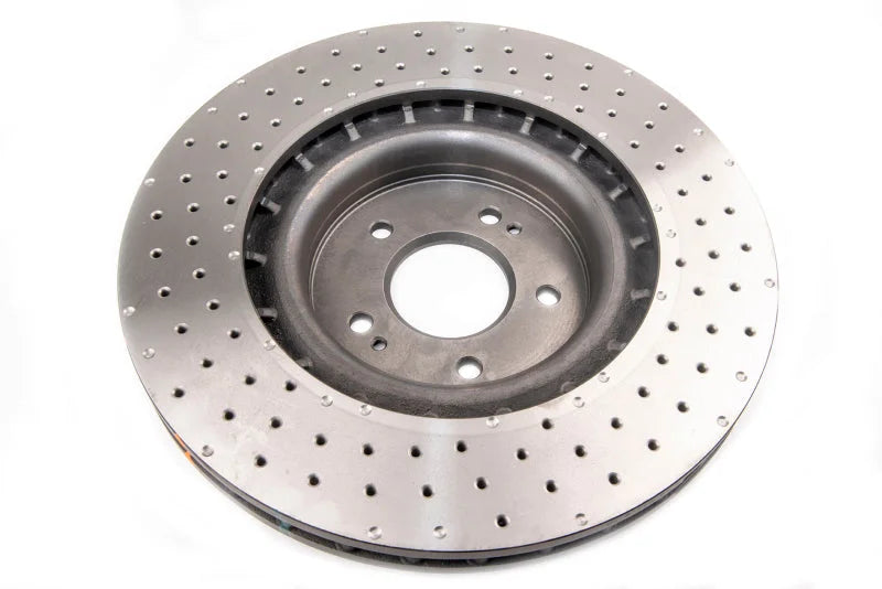 DBA 2018 Kia Stinger w/ Brembo Brakes Front Drilled & Dimpled 4000 Series Rotor - Back View