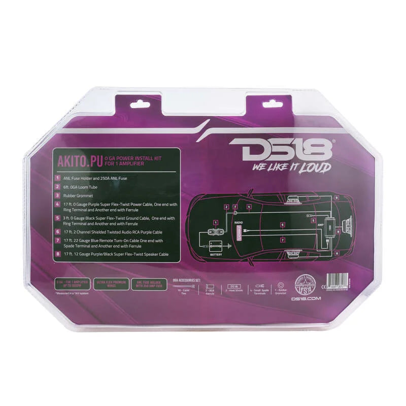 DS18 0-GA Amplifier Install Kit Advance- Purple - Back View