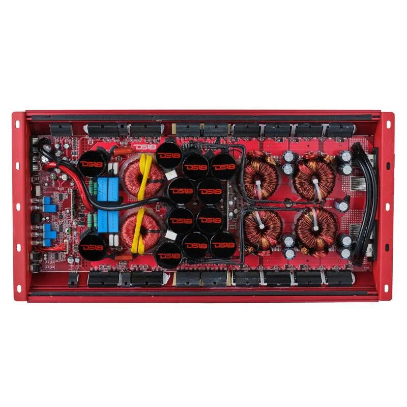 DS18 1-Channel Amp 15000 Burst/0.5ohm 8000/1ohm 4800/2ohm 2500/4ohm Watts RMS w/ Voltmeter Red - Side View