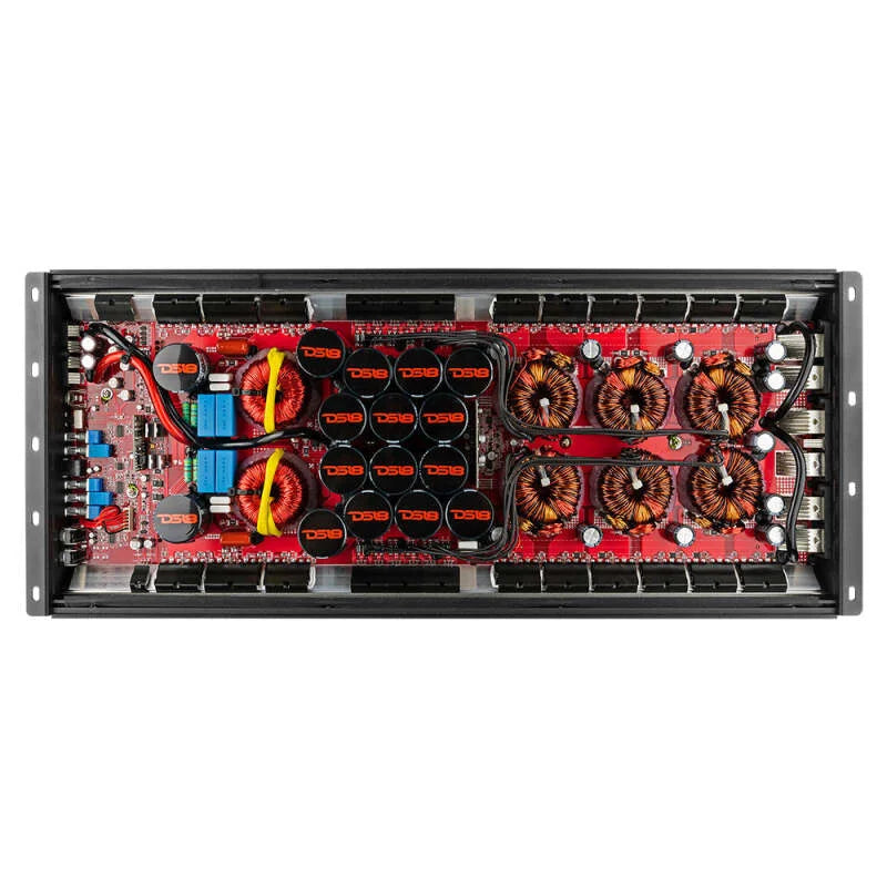 DS18 1-Channel Amp 18000 Burst/0.67ohm 10000/1ohm 5800/2ohm 3500/4ohm Watts RMS w/ Voltmeter Red - Side View
